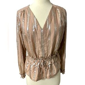 Anthropologie Pink Blush Metallic Silver Striped Peasant Blouse Top Size Small